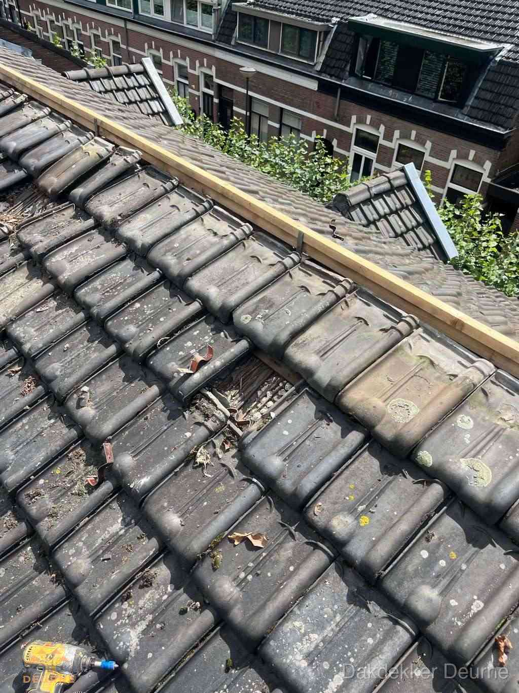 Dakonderhoud aan schuin pannendak met nokvernieuwing in Deurne